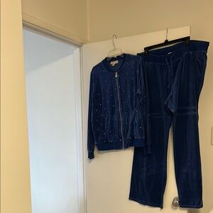 Blue Velour Tracksuit with Rhinestone Details